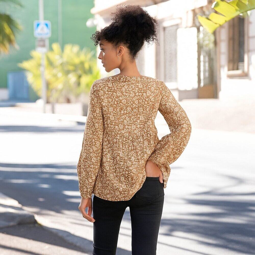 2/$30 Lascana Floral Tassel Lightweight Blouse Long Sleeve Brown 4 #A0204 TRB2 - Picture 5 of 10